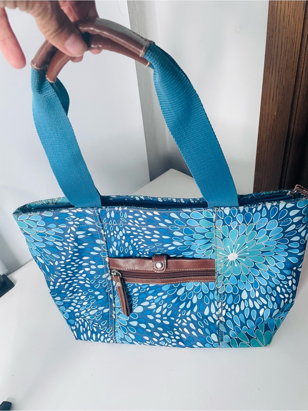 Nine West Blue Floral Tote with Brown Trim Faux Leather